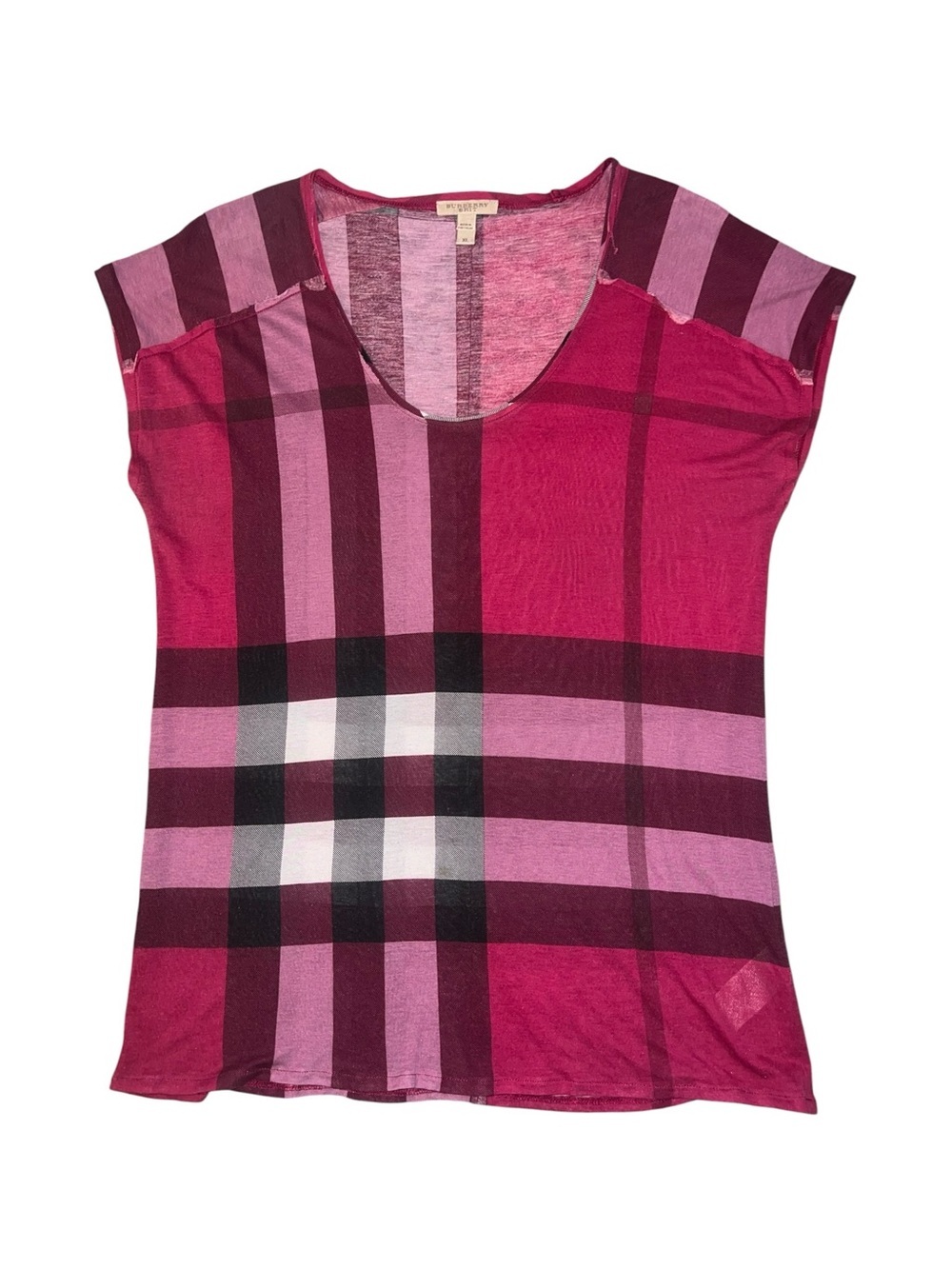 EUC Burberry Mulberry Nova Plaid Check Pink Burgundy Modal Short Sleeve Tee XL